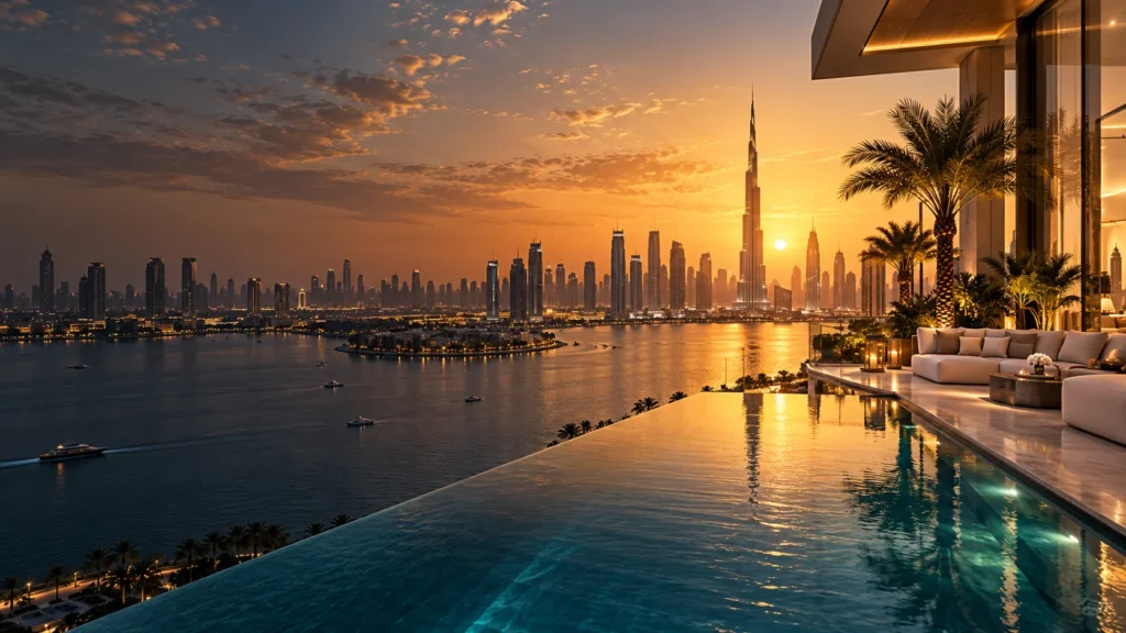 Illustrative Dubai skyline at sunset viewed from a luxury terrace and infinity pool