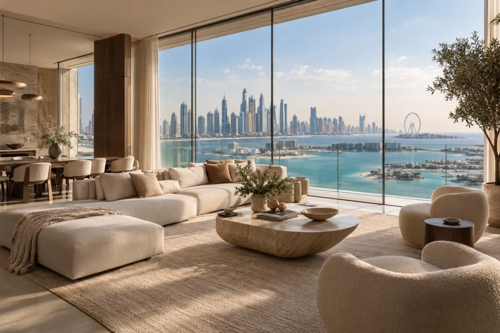 Illustrative luxury Dubai penthouse living room with sea views