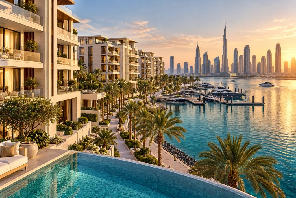 Illustrative waterfront residences and palm-lined marina in Dubai